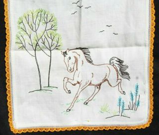 Vintage Hand Embroidered Linen Table Runner Dresser Scarf Horse 17 " X 40 "