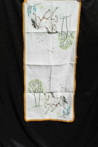 Vintage Hand Embroidered Linen Table Runner Dresser Scarf Horse 17 
