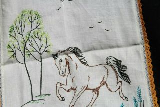 Vintage Hand Embroidered Linen Table Runner Dresser Scarf Horse 17 