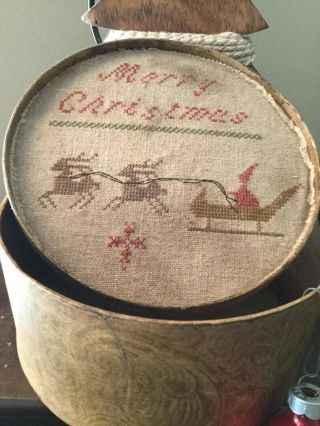 Early Primitive Christmas Embroidered Sampler Box - Artist Made
