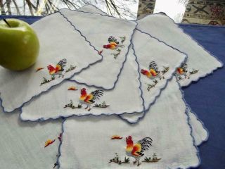 9 Vintage 6 " Square White Linen Cocktail Napkins Embroidered Rooster Rising Sun