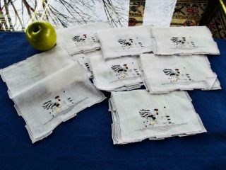 8 Vintage White Linen 6x8 Cocktail Napkins Embroidered Rooster Wine Bottle Glass