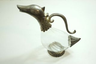 Vintage Silea Duck Or Goose Decanter Pitcher 10 " Tall With Silver Plate & Glass