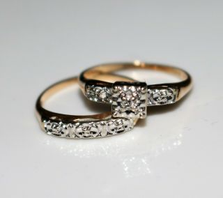 Vintage 14k Gold Diamond Illusion Wedding Ring Set Size 6.  75 W/original Ring Box