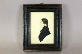 Great Miniature 19th C Watercolor Profile Portrait Of A Young Man Frame