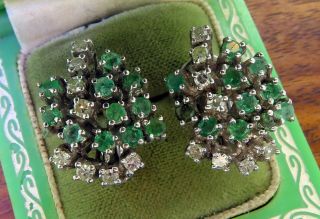 Vintage Palladium Art Deco Antique Colombian Emerald Diamond Earrings M