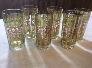 Culver Scroll Green Set Of (6) Highball Glasses 22k Gold