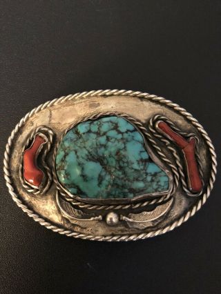 Vintage Sterling Silver Navajo Turquoise And Coral Belt Buckle Native American