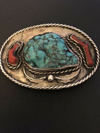 Vintage Sterling Silver Navajo Turquoise And Coral Belt Buckle Native American 2