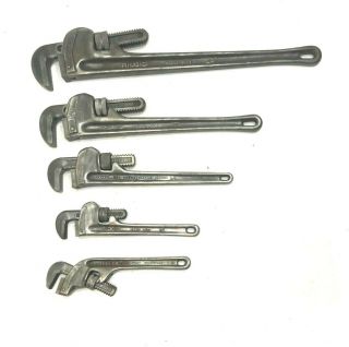 5 Vintage Ridgid Heavy Duty Pipe Wrenches,  E10 ",  10 ",  14 ",  18 " & 24 ",
