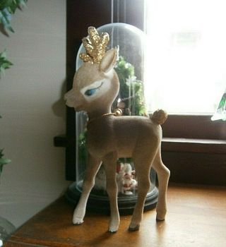 Vtg 50s Christmas Reindeer Tall 10  Long Legs Flocked Glitter Blue Eyes Look