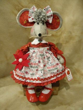 Primitive Handmade Christmas Mouse Raggedy Doll Shelf Sitter