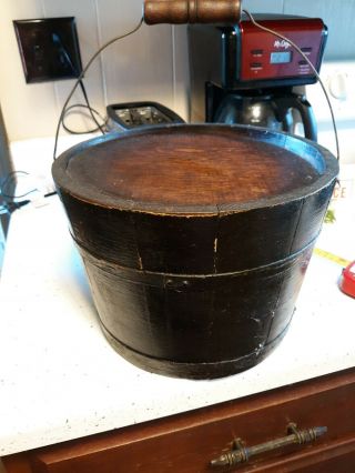 Vintage Antique Primitive Wooden Bucket W/bail Handle And Metal Strap