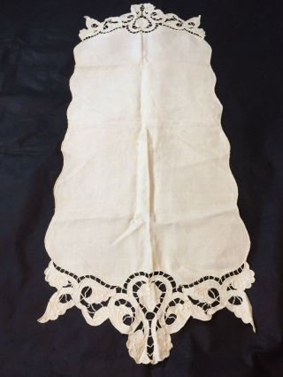 Linen Table Runner Dresser Scarf Needle Lace Cut Work Embroidery Vtg Hand Made