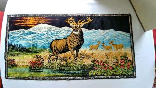 Vtg Velvet Tapestry Rug Wall Hanging Elk Deer Rug Wildlife Mountain Picture Rug