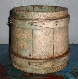 7 1/2 " Antique Firkin - Old Dry Blue/green & Cream Paint - Aafa - Wooden Sugar Bucket