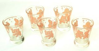 Vintage Pink Elephant Cocktail Glass 5 Piece Set 3.  5 " Tall Round Base 1950s Mcm