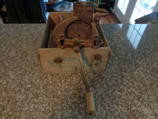 Antique Hand Crank Cast Iron Fulton Corn Sheller And The Crate It Is Mounted On