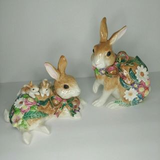Vtg Fitz & Floyd Classics Woodland Spring Large Floral Bunny Rabbits Ceramic