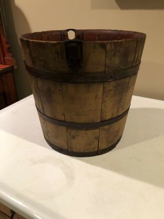 Antique Primitive Wooden Staved Well Bucket With Mustard Colored Paint