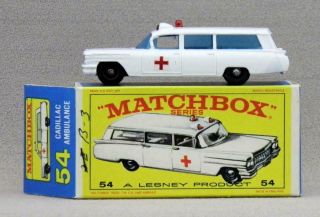 1965 Lesney Matchbox 54 - B Cadillac S&s Ambulance - E4 Box