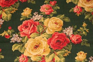 Vintage Barkcloth Drapery Panel Dark Green With Red And Yellow Roses 34 " X 73 "
