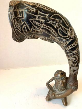 African Cast Bronze Figurine W/ Carved Animal Medicine Horn Camaroon 11 " Vintage