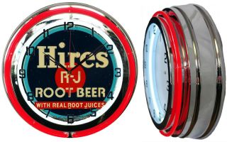 Hires Root Beer 19 " Double Neon Clock Red Neon Chrome Finish