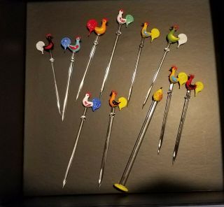 Vintage Slovakia Hand Blown Glass Chicken/rooster/pear Swizzle Sticks Set Of 11
