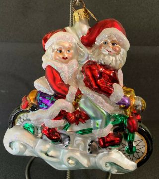 Christopher Radko Mr.  & Mrs.  Santa Claus On Motorcycle Vintage Glass Large