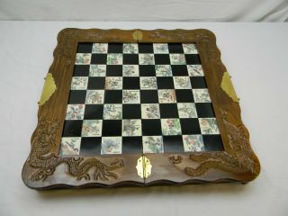 Vintage Chinese Chess Game Dragon Carved Wood Box Faux Jade Engraved Inlaid Tile