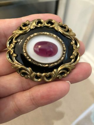 Antique Victorian Enamel Chalcedony & Ruby Mourning Brooch Pin