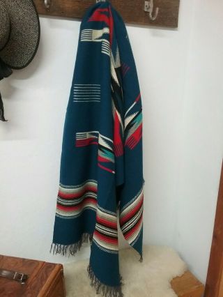 Vintage Blue Chimayo Weaving Rug / Blanket 34x71 Inches