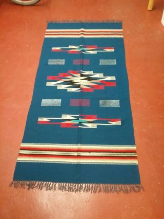 Vintage Blue Chimayo Weaving Rug / Blanket 34x71 inches 2