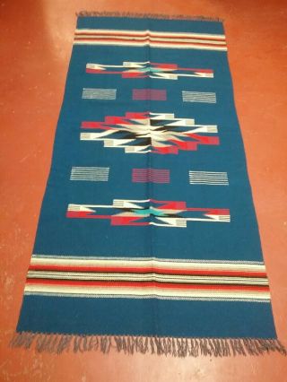 Vintage Blue Chimayo Weaving Rug / Blanket 34x71 inches 3