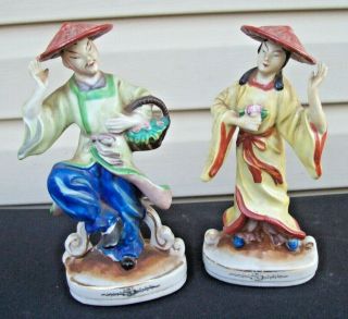 2 Vintage Ceramic Asian Art Figurines Couple Man Woman Dancing Occupied Japan