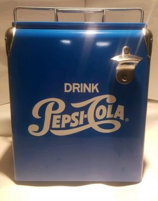 Vintage Style Retro Blue Metal Pepsi Cola Cooler With Bottle Opener