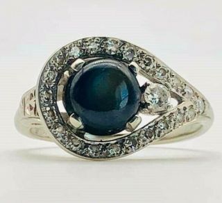 Art Deco Solid 18k White Gold 0.  27 Tcw Diamond And Black Star Ring