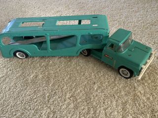 Vintag Buddy L Teal Car Carrier Toy Truck Hauler Transport Pressed Steel 1960 