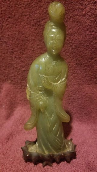 Chinese Jade Stone Carved Woman Lady Figurine Statue On Wooden Stand
