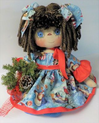 Hm Primitive Raggedy Ann Christmas Doll " Gretchen " W/ Christmas Wreath Ornie