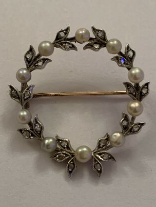 Delightful 15ct Edwardian Rose Diamond & Natural Seed Pearl Set Wreath Brooch