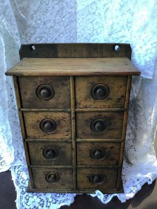Antique Spice Box Cabinet Wooden Primitive Chest 8 Drawers