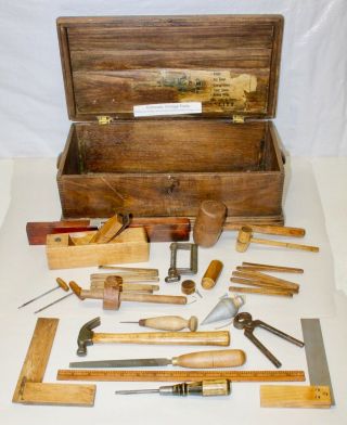 Vintage Child’s Toy Tool Chest - Box,  20 Wood Tools / Carpenter