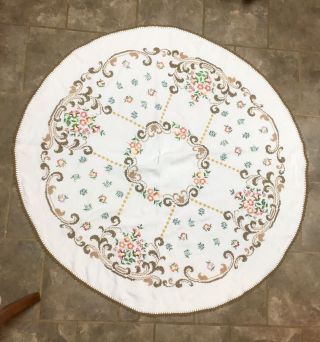 Vintage Round White Tablecloth,  Hand Embroidered Flowers,  Crochet Lace Edge,  50”