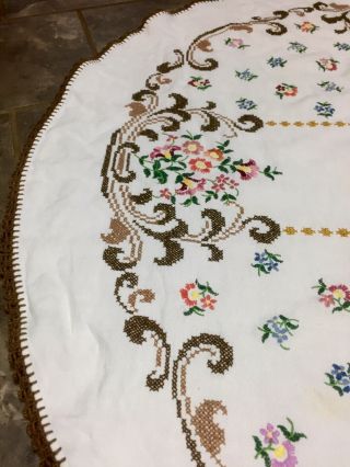 Vintage Round White Tablecloth,  Hand Embroidered Flowers,  Crochet Lace Edge,  50” 2