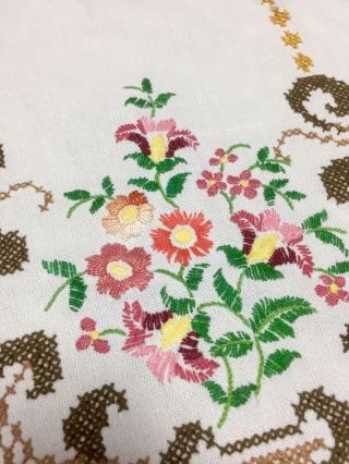 Vintage Round White Tablecloth,  Hand Embroidered Flowers,  Crochet Lace Edge,  50” 3