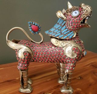 Vintage Antique Chinese Turquoise & Coral Encrusted Foo Dog Lion Incense Burner