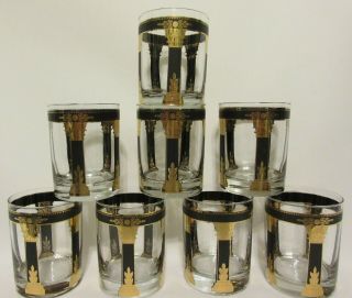 Vintage Mid Century Regency Black Gold Set Of 8 Glasses Barware Columns