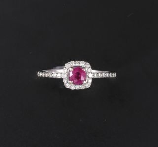 Shimmery Estate 14k White Gold.  60 Ctw Natural Ruby & Diamond Halo Ring